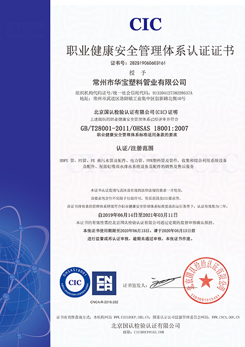 ISO18001职业健康管理认证证书